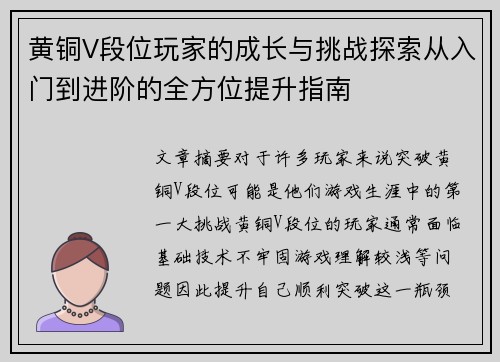黄铜V段位玩家的成长与挑战探索从入门到进阶的全方位提升指南
